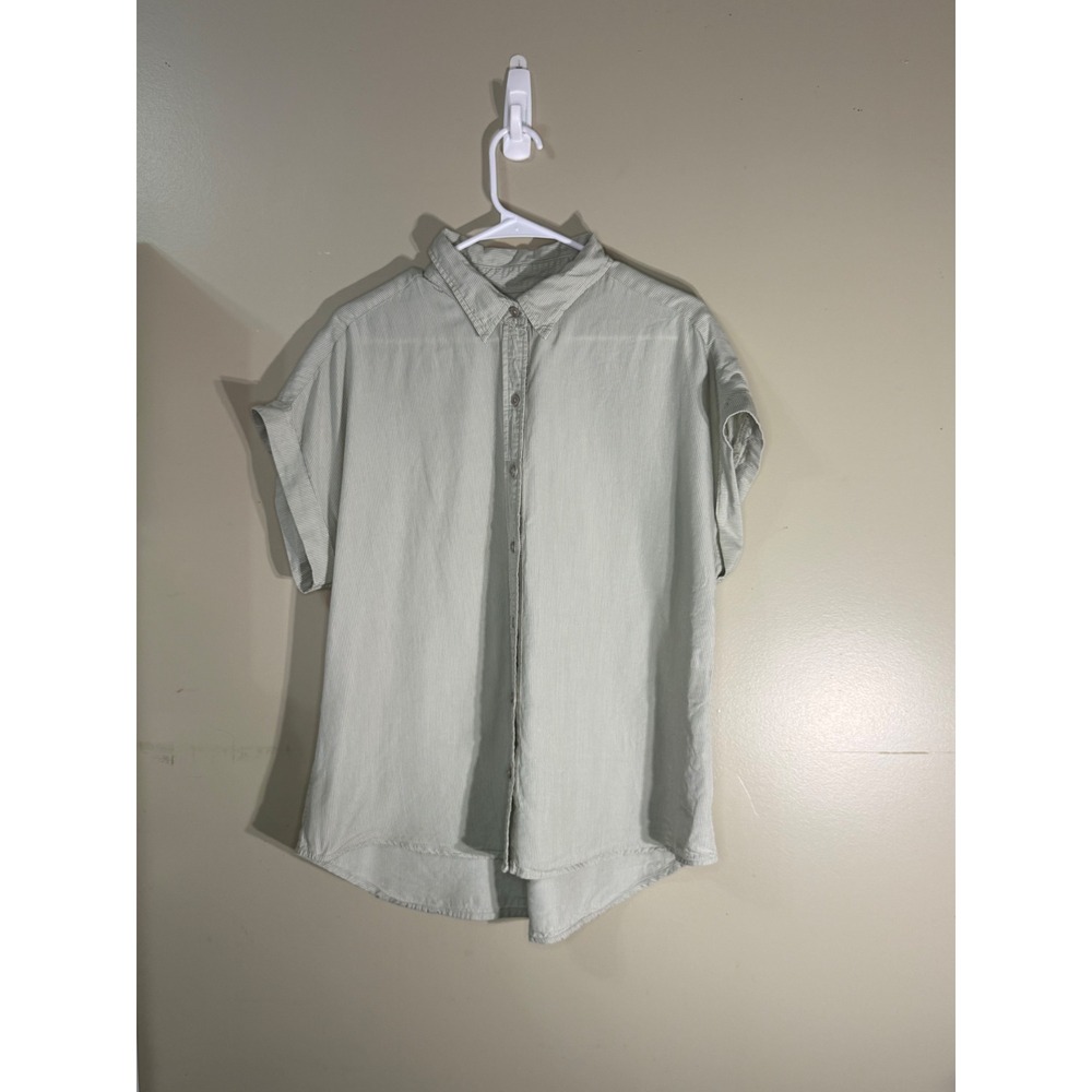 Tilley Womens XL Green White Pinstripe Tencel Short Sleeve Button Down Shirt